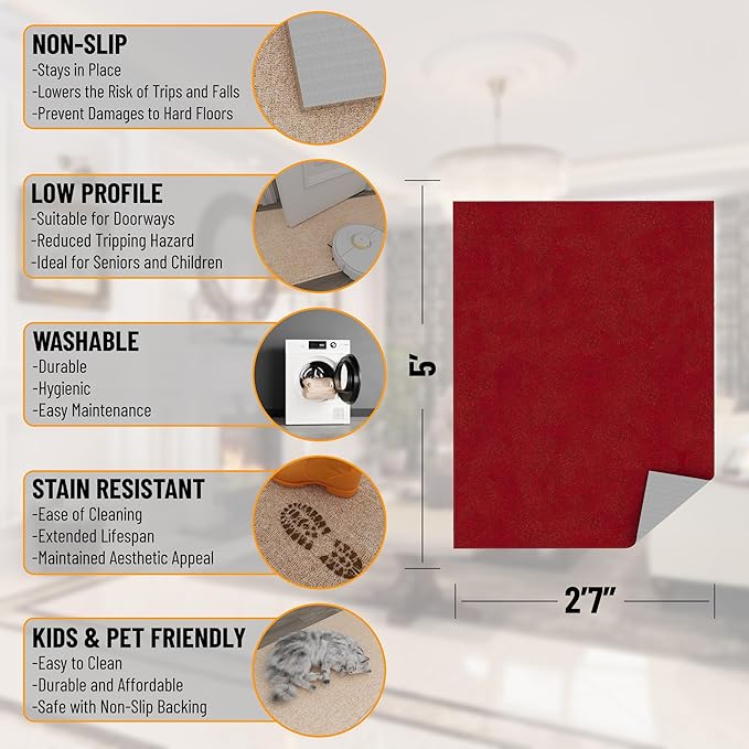 Ottomanson 2'7" x 5' Ultra-Thin Area Rug Durable Non-Slip Carpet for High-Traffic Areas - Fits Under Doors for Easy Use - Ideal for Living Room, Bedroom, Kitchen, Bathroom & Entryway, Red