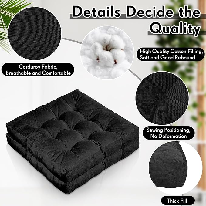 Jerify 4 Pcs Floor Pillow Cushions 22 x 22 Inch Round Square Large Meditation Floor Pillow for Classroom Adult Meditation Picnic Party Cushion for Seating Gift Christmas(Black,Square)