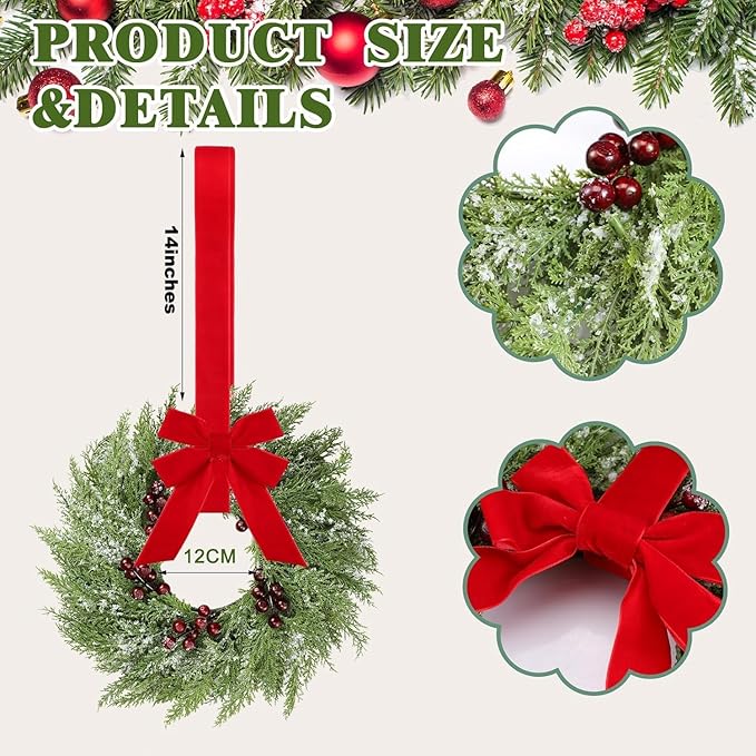 8 Pcs Small Christmas Norfolk Wreaths 15 Inch Christmas Kitchen Cabinet Mini Wreath Real Touch with Bow Ribbon Cedar Red Berry for Xmas Front Door Window Chair Fireplace Table Pillar Farmhouse Decor