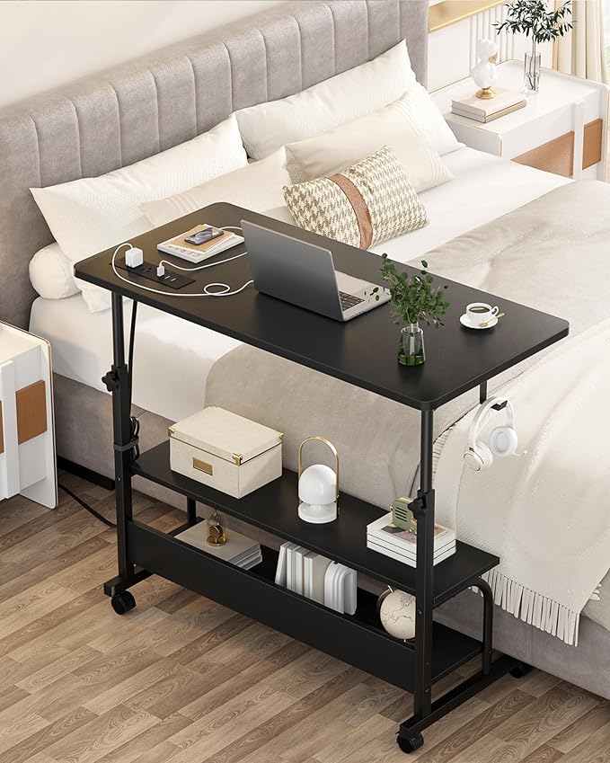 Armocity Height Adjustable Standing Desk with Power Outlets, 32" Manual Stand Up Desk with Storage Shelves Small Mobile Rolling Computer Desk Portable Laptop Table with Wheels for Home Office, Black