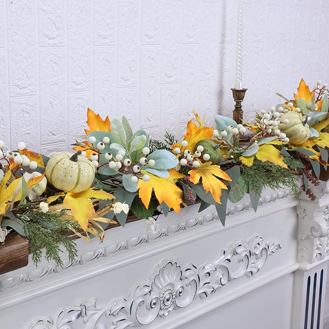 6 Ft Fall Garland for Mantle Fall Decorations for Home Porch Fall Maple Leaves Garlands with Lights/Timer Pumpkin Garland for Thanksgiving Outdoor Indoor Table Fireplace Wedding Hanging Autumn Decor