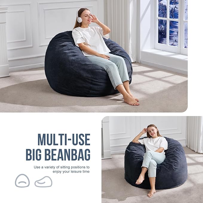 Hobestluk 3ft Bean Bag Chairs for Adults Large Beanbag Chair with Plush Faux Fur Cover Big Bean Bag Chair for Living Room Bedroom Dorm Office - Dark Grey (36” x 36” x 22”)