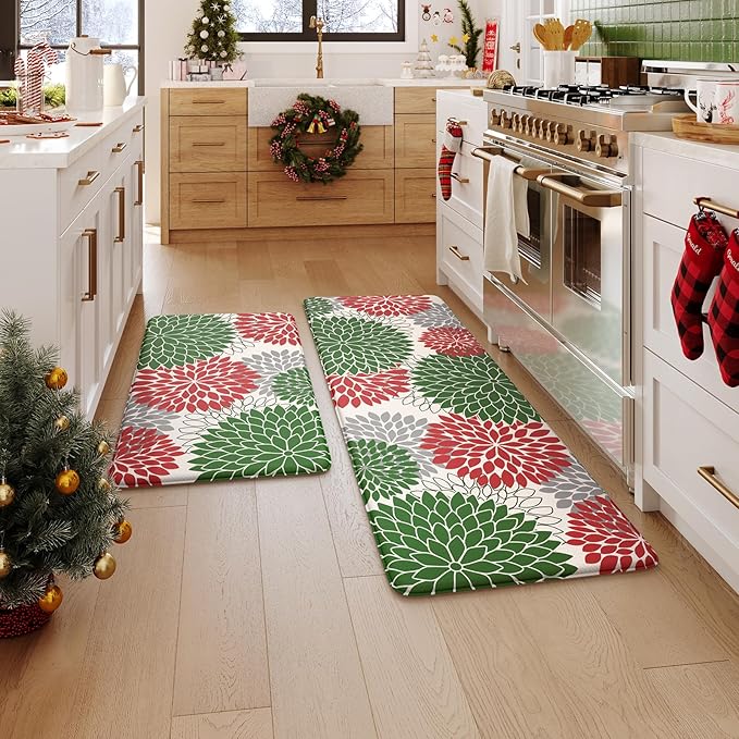 KIMODE Farmhouse Christmas Kitchen Rugs, Anti Fatigue Kitchen Mats for Floor 2 Piece, Memory Foam Kitchen Floor Mats Non Slip for Christmas Kitchen Decor Laundry Office Sink Red/Green 17"x47"+17"x29"