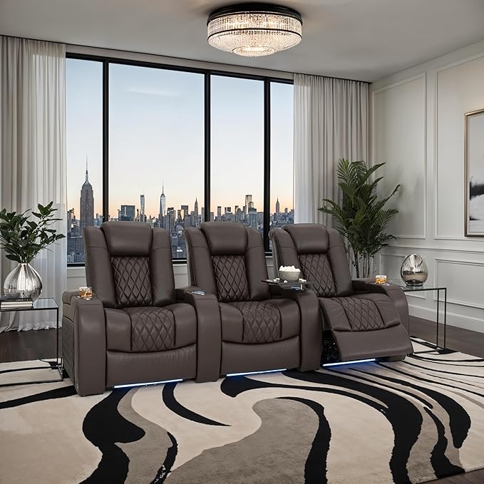 Seatcraft Diamante Zero-Gravity CoolZero Italian Leather Home Theater Seating, Power Headrest, Power Recline, Row of 3, Brown