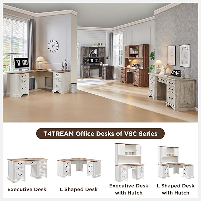 T4TREAM 59" Farmhouse Executive Desk with Hutch,Wood Home Office Computer Desk, Featuring Keyboard Tray,Charging Station,File Drawer, Storage Cabinet,for Work and Study (Antique White)