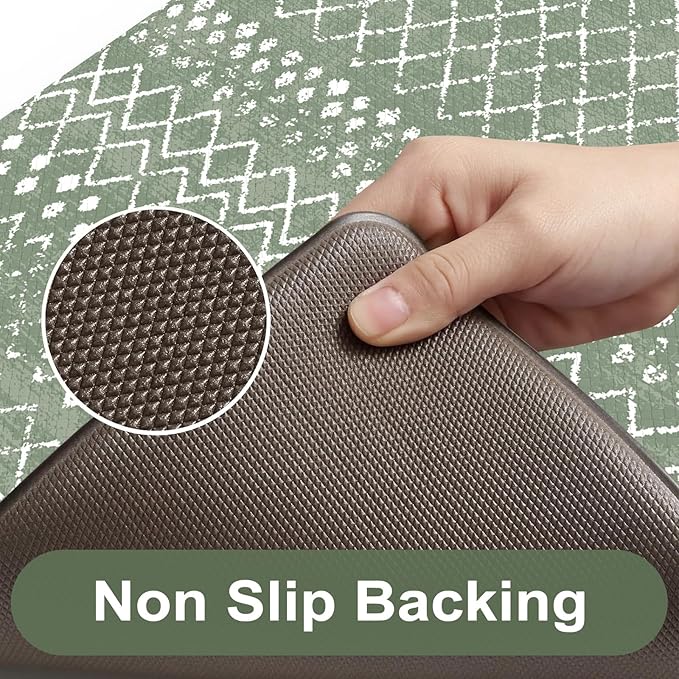 KIMODE Kitchen Mats for Floor Anti Fatigue, Green Boho Kitchen Rugs Sets of 2, Cushioned Kitchen Floor Mats, Comfort Standing Mat for Sink Laundry Office Desk 17"x47"+17"x29"