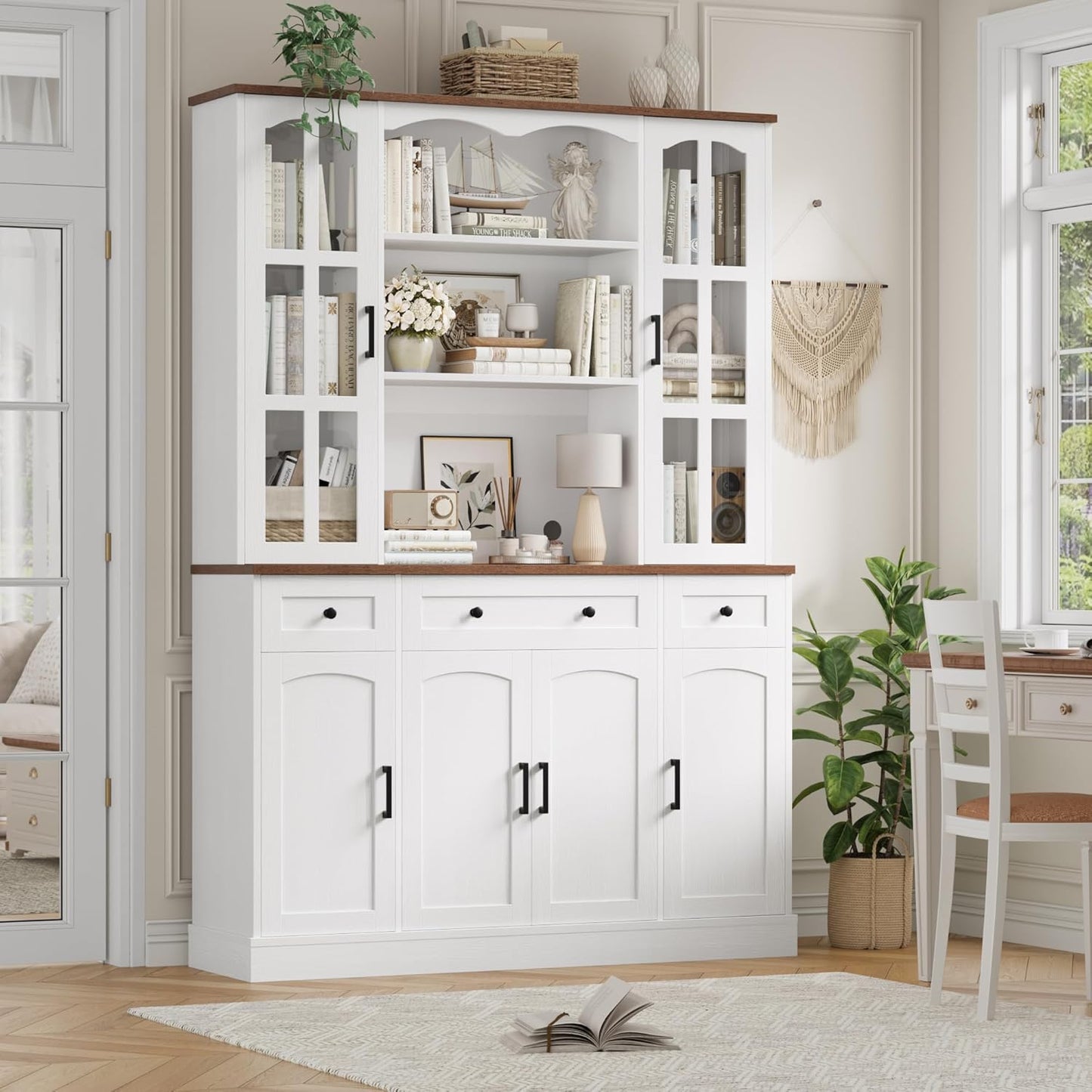 Keyluv 74.8" H Tall Pantry Cabinet with Microwave Stand and 3 Drawers, Large Kitchen Hutch Storage Cabinet with Glass Door and Adjustable Shelves for Kitchen, Dining Room, Living Room, White