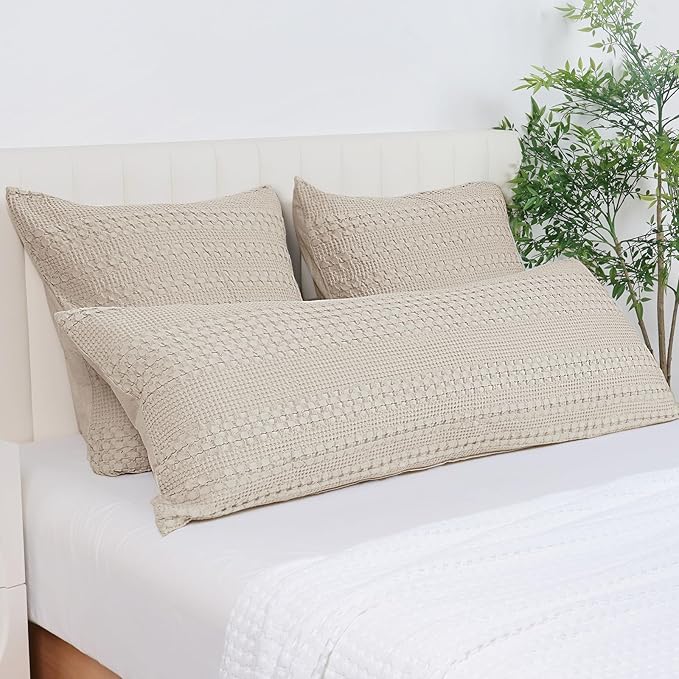 PHF 100% Cotton Waffle Body Pillowcase with Zipper, 1 Pack 20" x 54" Soft Skin-Friendly Pillow Sham, No Filling, Aesthetic Woven and Breathable Waffle Weave Body Pillow Cover for Bed, Oatmeal