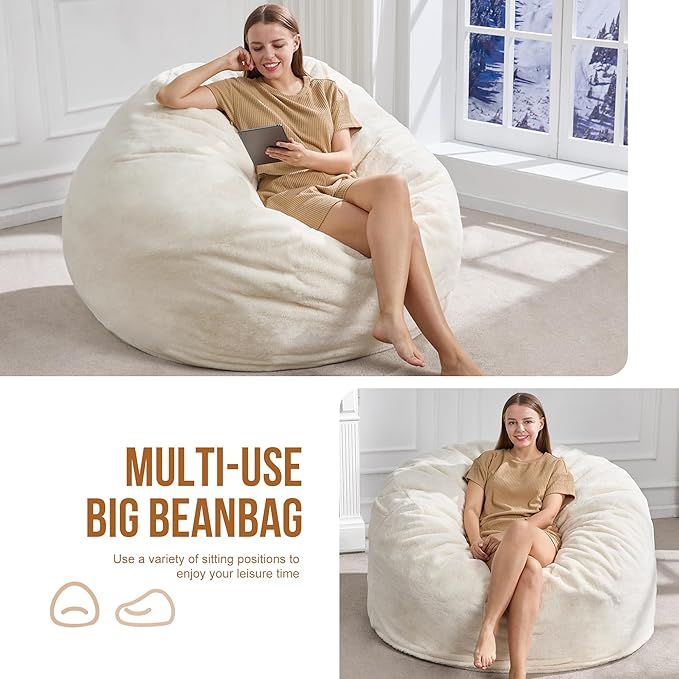Hobestluk 5ft Bean Bag Chairs for Adults Large Beanbag Chair with Plush Faux Fur Cover Big Bean Bag Chair for Living Room Bedroom Dorm Office - White (50” x 50” x 24")