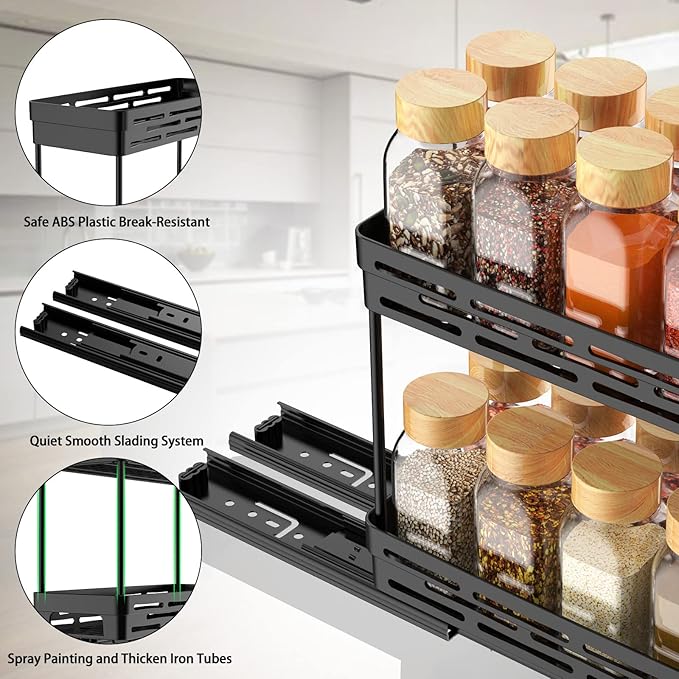 Pull Out Spice Rack Organizer for Cabinet, 3 Packs Slide Out Spice Racks Organizer, Spice Cabinet Organizers, Cabinet Size Need:12'' Highx11'' Deepx5'' Wide,Each Tier Hold 10 Spice Jar - 2 Tier, Black