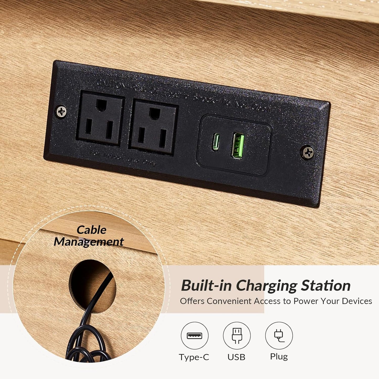 HULALA HOME 3-Drawer Nightstand with Charge Station, Farmhouse Nightstand with Solid Wood Legs, Set of 2(Acorn)