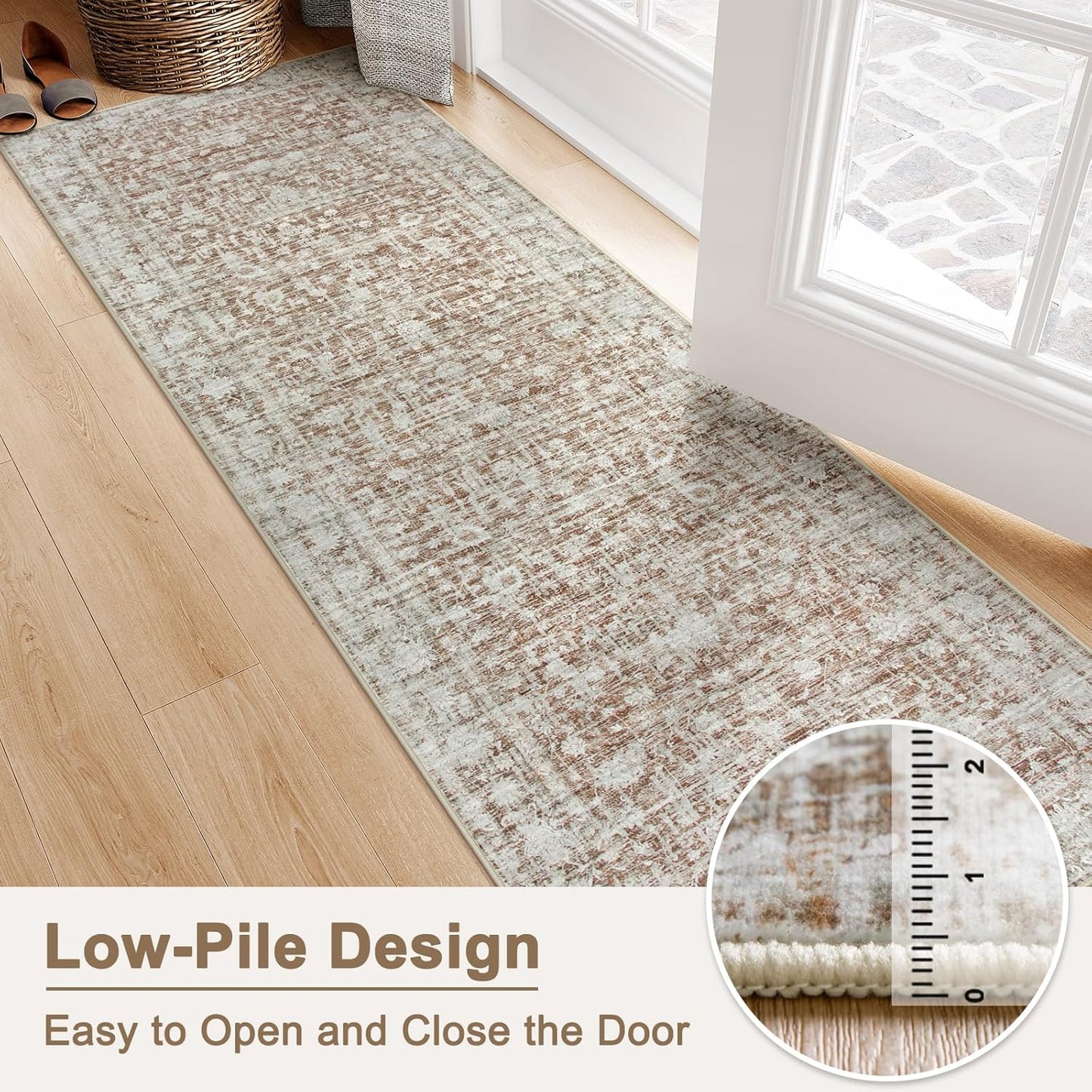 Vintage Hallway Runner Rug, 2'6"x8' Machine Washable Rug Runners for Kitchen Runner Rug Non Slip, Ultra-Thin Soft Carpet Runner for Bedroom Bathroom Laundry Room (2.6x8, Khaki/White)