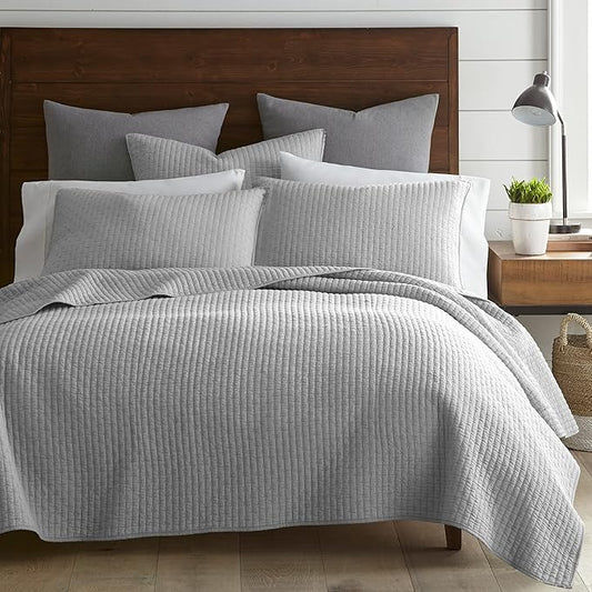 Levtex Home Cross Stitch Reversible King/Cal King Quilt Set (106x92in) and 2 Pillow Shams (36x20in) - Stitch Texture - Light Grey - Cotton King Size Quilt Bedding Set - Lightweight, Soft, Pre-Washed