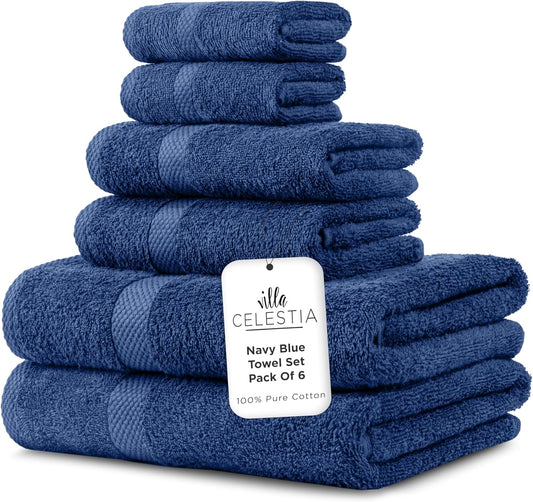 100% Combed Cotton Bathroom Towel Set of 6- 2 Bath Towels, 2 Hand Towels, 2 Wash Cloths, Sustainable, Soft, Highly Absorbent 6 Piece Cotton Bath Towel Set for Hotels, Spa, Bathroom, Dorm, Navy Blue