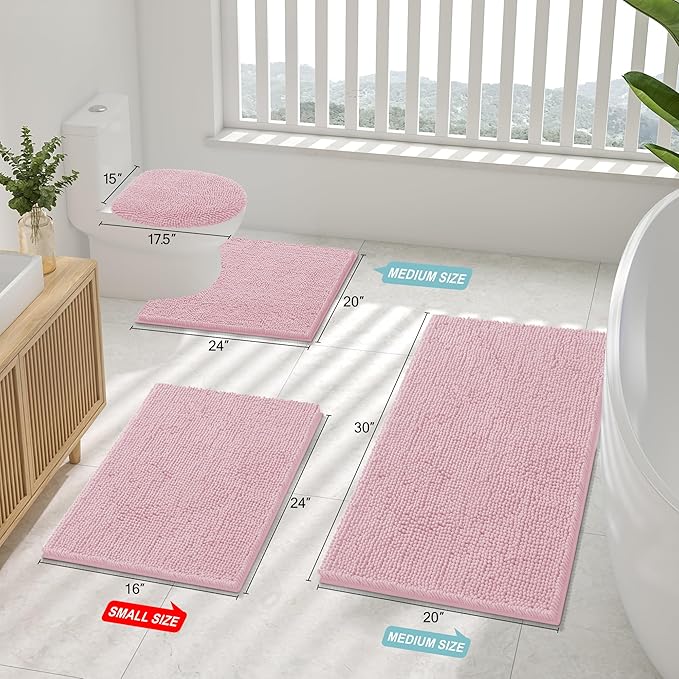 Smiry Luxury Chenille Bathroom Rugs 30x20, Extra Soft and Absorbent Shaggy Bath Mat, Machine Washable, Non-Slip Plush Carpet Runner for Tub, Shower, and Floor, Home Decor Accessories, Dusty Rose