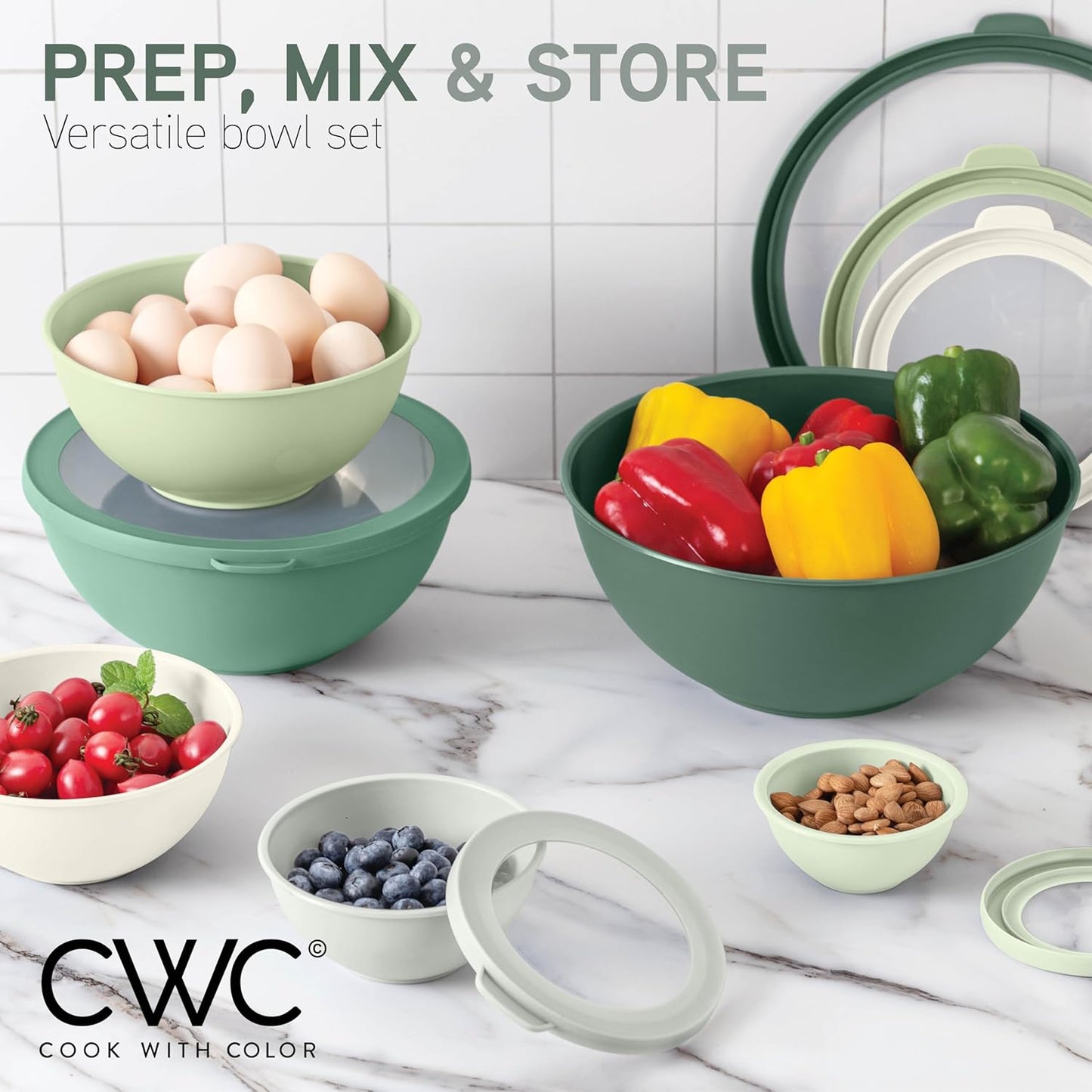 COOK WITH COLOR Mixing Bowls with TPR Lids - 12 Piece Plastic Nesting Bowls Set includes 6 Prep Bowls and 6 Lids - Microwave Safe (Sage)