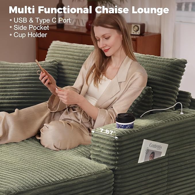 HUSFU Chaise Lounge Chair Indoor, 60'' Oversized Sleeper Sofa, Chaise Lounge Reading Chairs for w/Cup Holder and USB&Type C Port, Fluffy Plush Cloud Sofas Couches for Living Room,Set of 2,Green