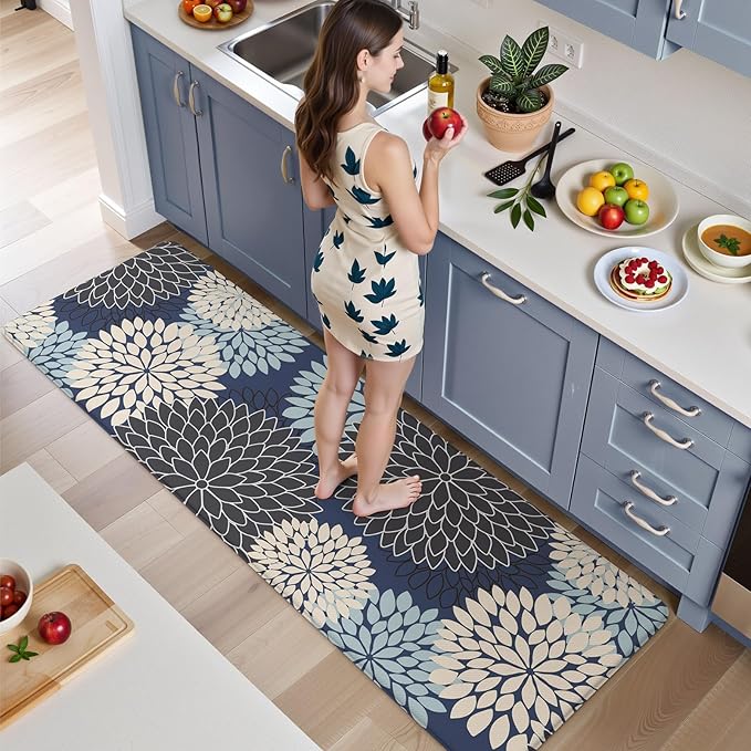 KIMODE Anti Fatigue Kitchen Mats for Floor, Boho Floral Kitchen Rugs 24" x 71", Wide Long Cushioned Mats for Kitchen Floor, Non Slip Kitchen Floor Mats for Sink Laundry Office,Blue Multi