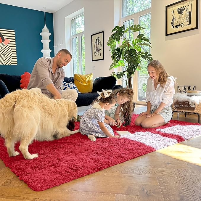 OLANLY Area Rugs for Living Room Bedroom, Machine Washable 4x5.9 ft Soft Fluffy Shaggy Bedside Rug, Indoor Floor Carpet for Kids Girls and Boys, Dorms, Nursery Rooms, Home Decor Aesthetic, Red