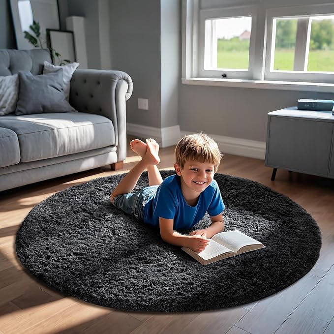 Ophanie Round Rug 5Ft Black Circle Area Rug, Room Decor for Men, Fluffy Fuzzy Bedroom Carpet, Plush Soft Shaggy Living Room Rugs for Kids Home Decor Aesthetic, Nursery