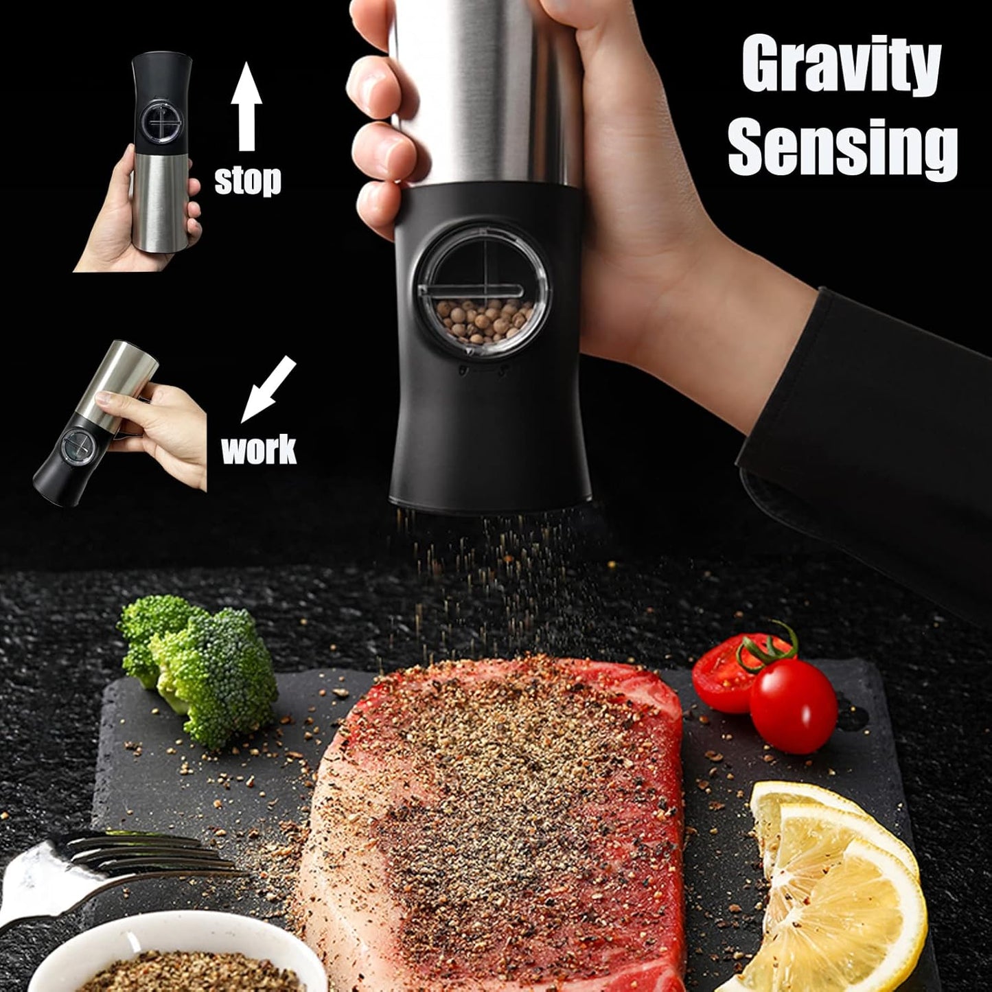 Gravity Electric Salt and Pepper Grinder Set with Battery Operated, Automatic Salt and Pepper Grinder Set with Dustproof Cover, Stainless Steel with Adjustable Ceramic Grinder,One Hand Operation