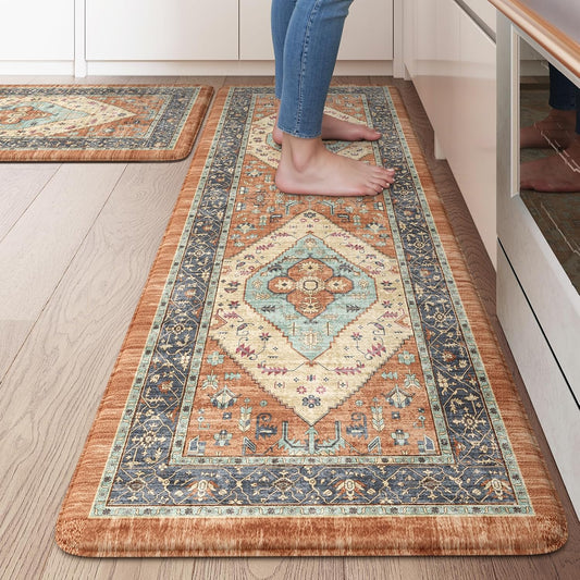 KIMODE Anti Fatigue Kitchen Mat 20"x47"+20"x32", Boho Distressed Kitchen Rugs Sets of 2, Kitchen Mats for Floor Cushioned Non Slip, Comfort Kitchen Floor Mats for Sink, Laundry, Desk Orange