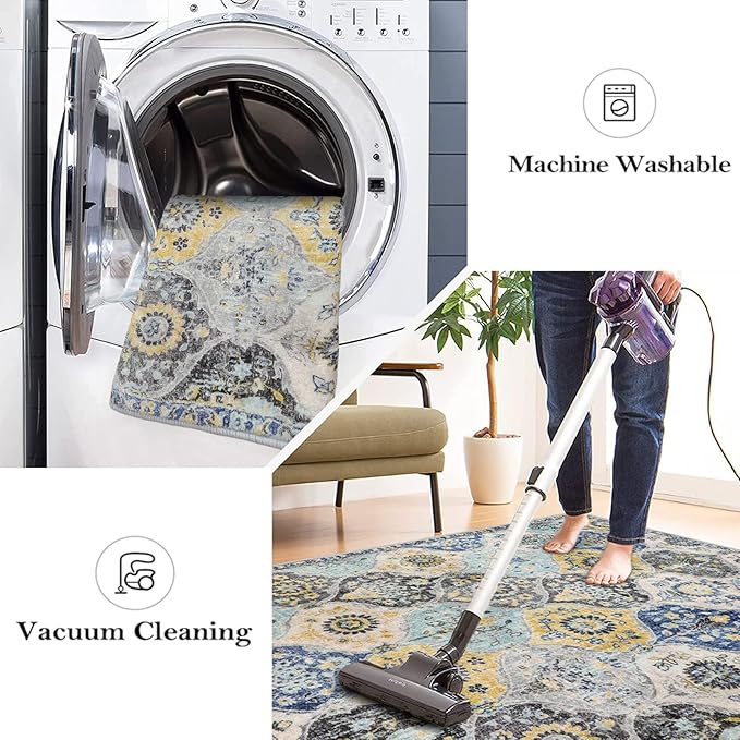 Lahome Moroccan Trellis Washable Area Rugs 5x7, 5x7 Area Rugs for Living Room Bedroom, Indoor Non-Slip Large Oriental Accent Throw Carpet for Kitchen Entryway Bathroom Office, Yellow/Aqua