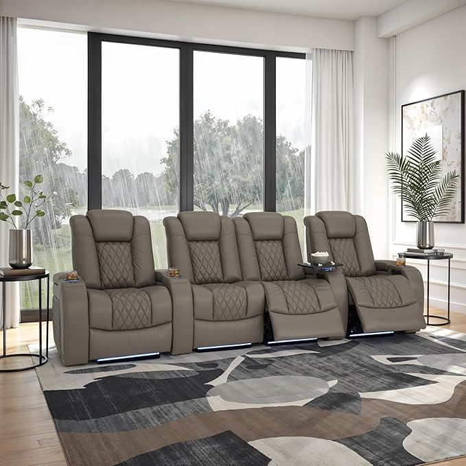 Seatcraft Diamante Zero-Gravity CoolZero Italian Leather Home Theater Seating, Power Headrest, Power Recline, Row of 4 Middle Loveseat, Gray