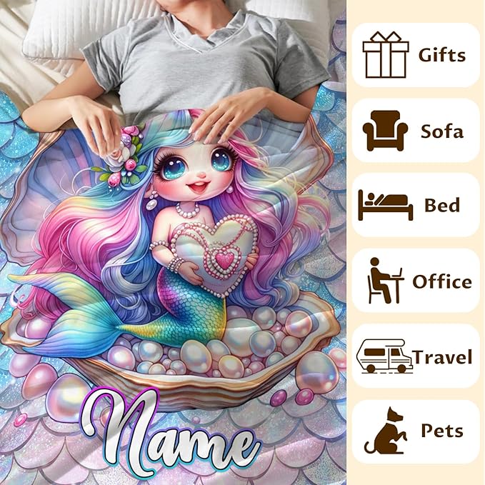 Kids Blanket for Girls Women Personalized Mermaid Blanket for Gift, Warm Cozy Throw Blankets for Living Room Bed Sofa Travel