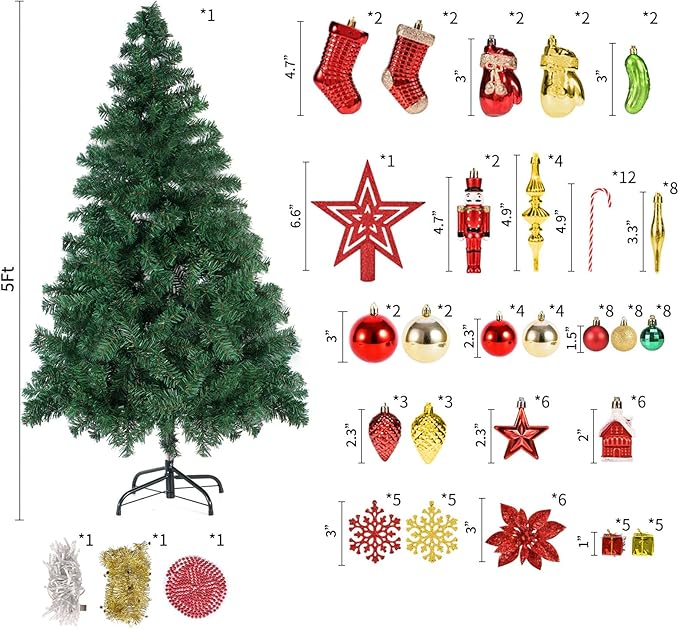 6ft Artificial Christmas Tree with Lights and Ornaments, Prelit Xmas Tree with Hanging Balls (8 Modes) for Home Holiday Decoration, Gold+Red+Green