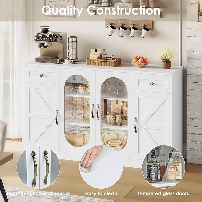 Keyluv Buffet Cabinet 55" Large Storage Coffee Bar with Drawer and Shelves, 3 Spacious Shelves Behind Glass Doors Sideboard Cabinet, Modern Farmhouse Furniture for Kitchen/Dining/Living Room, White