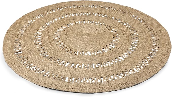 REDEARTH · Round Area Rug - 8 Feet Braided Scalloped Earthy Trails Jute Rug- Artisan Made Boho Jute Patterned Rugs for Bedroom, Kitchen, Living Room, Farmhouse, Aesthetic, Handmade Vintage Decor