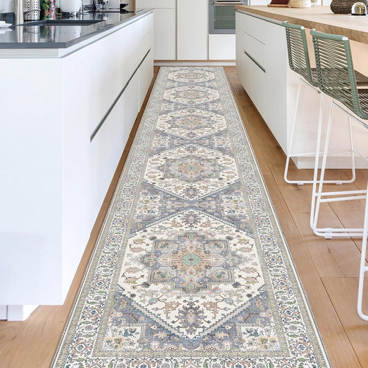 OPPODREAM Soft Entryway Rug 2x12, 2x12 Rug Runner, Washable Hallways Carpet 2 x 12 with Non Slip Backing, Low-Pile Bedside Carpet 2 x 12, Long, Faux Cashmere, Purple & Green & Cream