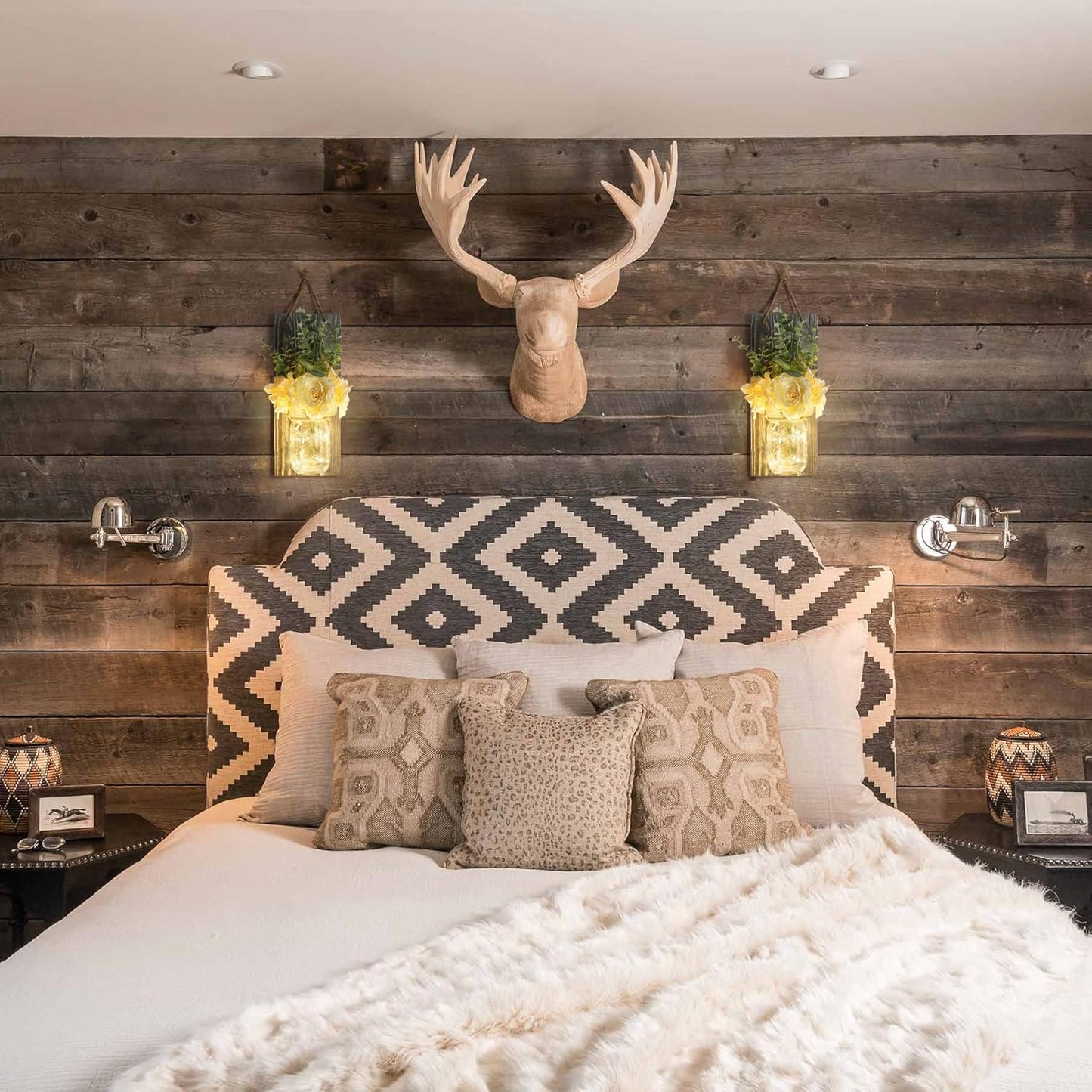 HOMKO Rustic Wall Decor, Mason Jars Wall Sconces with Remote LED Lights, Hanging Rural Retro Decor (Set of 2) - Rustic Grey