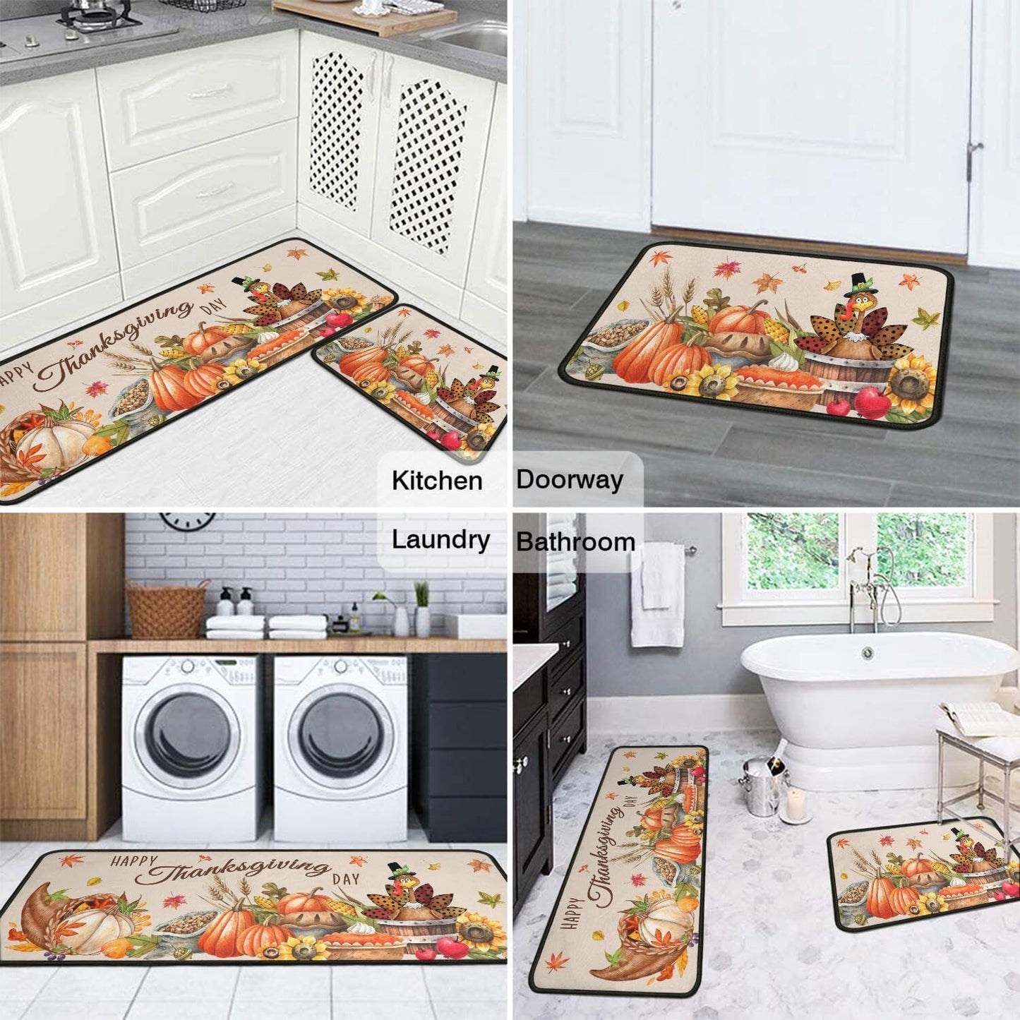 2 Piece Thanksgiving Kitchen Decor Rugs Set,Fall Kitchen Rugs and Mats Non Skid Washable Absorbent Kitchen Accessories Decoration Floor Mats 17"x47"+17"x30"