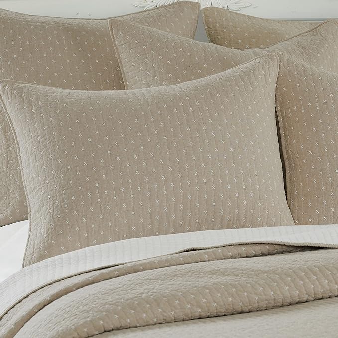 Levtex Home Cross Stitch Reversible Twin XL/Twin Quilt Set (68x86in) with 1 Pillow Sham (26x20in) - Stitch Texture - Taupe - Cotton Twin/Twin Size Quilt Bedding Set - Lightweight, Soft, Pre-Washed