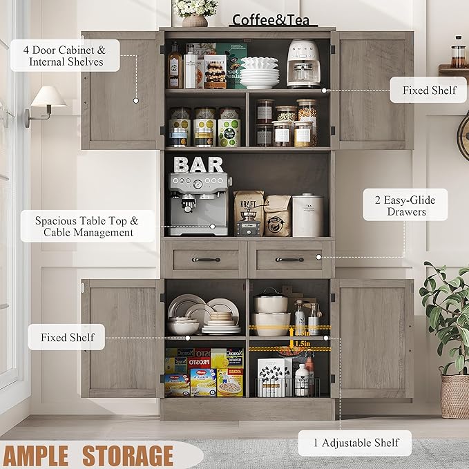 HOSTACK 71“ Tall Kitchen Pantry Storage Cabinet, Modern Kitchen Hutch Bar Cabinet with Microwave Stand, Wood Buffet Sideboard with Hutch, Cupboard with Drawers, Shelves for Dining Room, Ash Gray