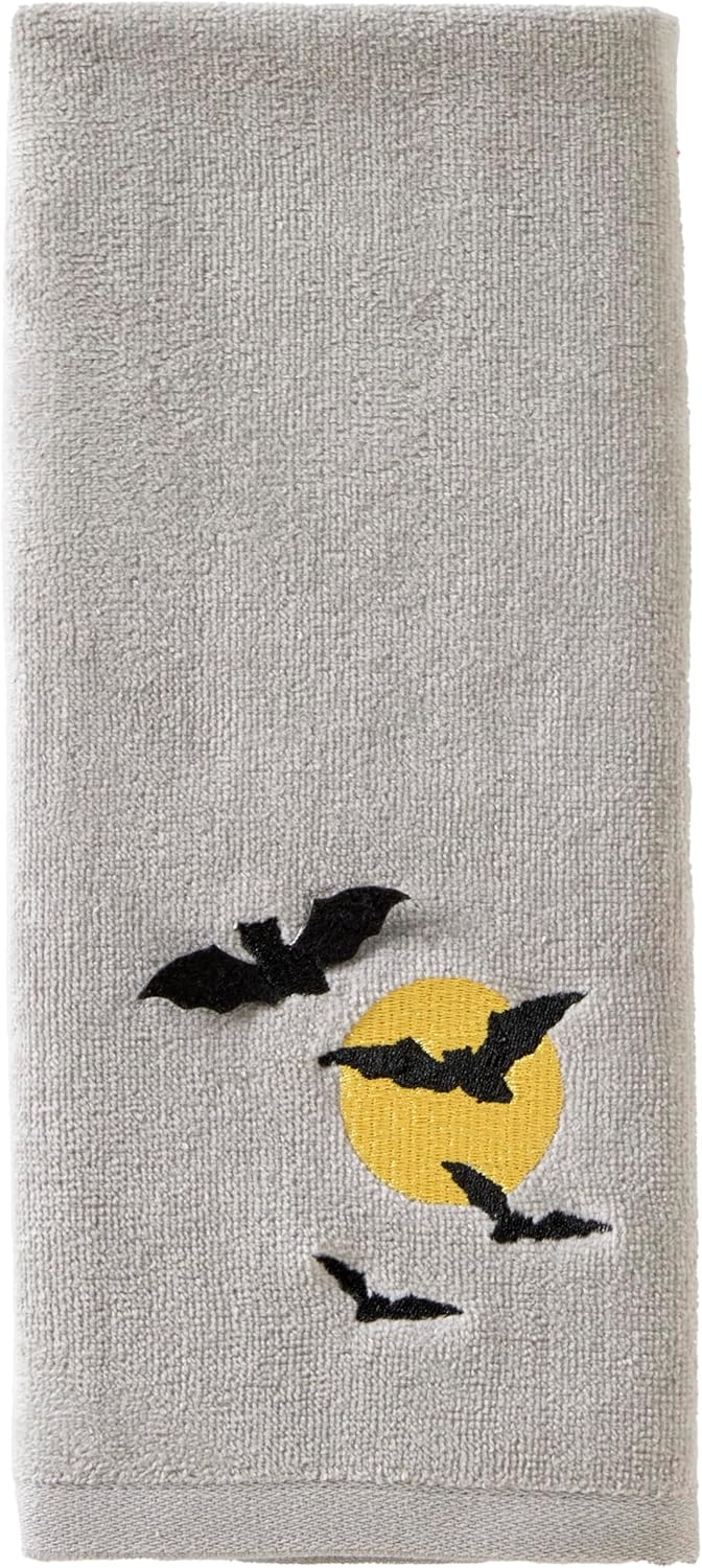 SKL Home Halloween Full Moon Flight 100% Cotton Embroidered 2pc Hand Towel Set, Decorative 3D for Bath/Kitchen/Bar & Gift, Gray