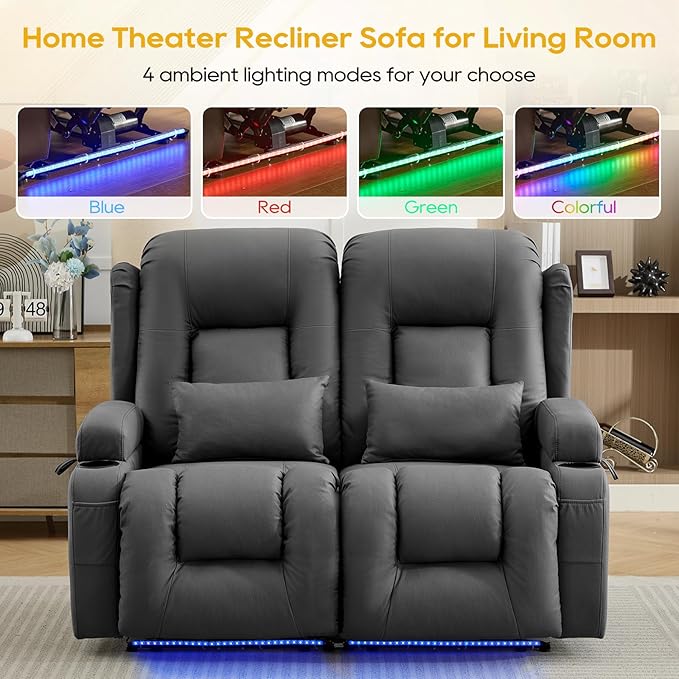 IPKIG 54" Power Reclining Loveseat Sofa, Electric Home Theater Seating with 4 Colors Ambient Lighting/USB Ports/Cup Holders for Living Room, Bedroom, Home, RVs(Dark Grey, 2 Seater)