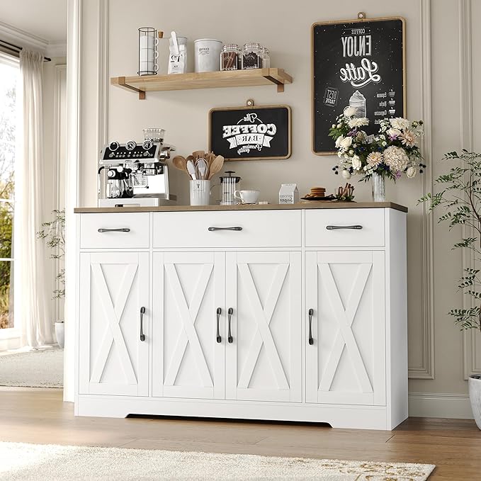 HOSTACK Buffet Cabinet with Drawers, 55" Large Sideboard Buffet Storage Cabinet with Shelves and Doors, Modern Farmhouse Coffee Bar Station Wood Kitchen Table for Kitchen, Dining Room, White/Rustic