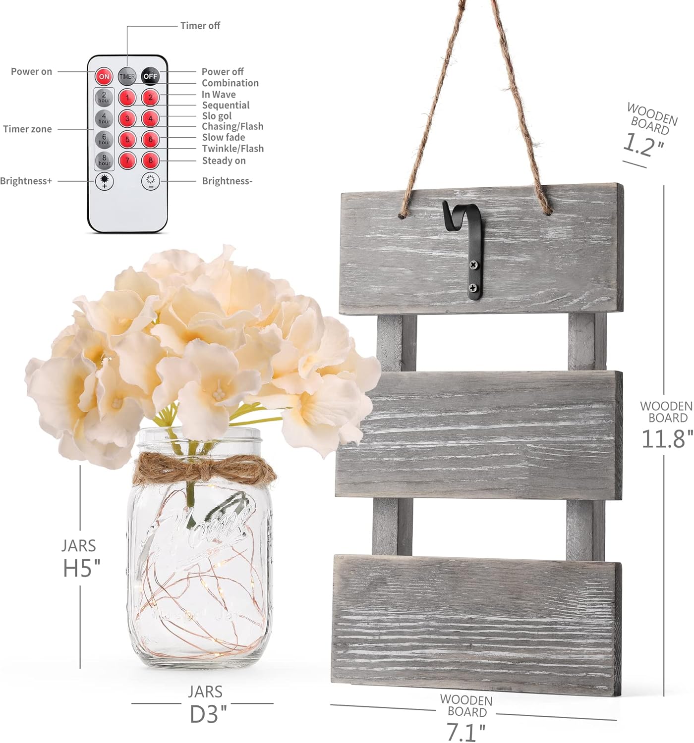 HOMKO Mason Jar Wall Decor with 6-Hour Timer LED Lights and Flowers - Rustic Home Decor (Set of 2)