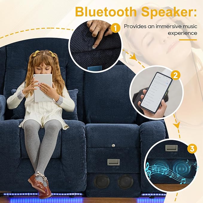 IPKIG 67" Power Reclining Loveseat Sofa, Electric Home Theater Seating with Console/4 Colors Ambient Lighting/Bluetooth Speakers/USB Ports/Built-in Outlets (Navy Blue, Loveseat Recliner)