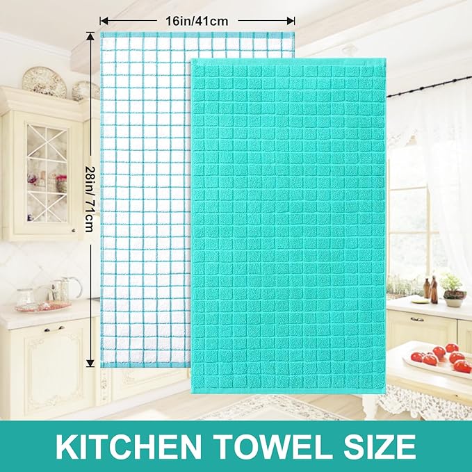 Homaxy Premium Cotton Kitchen Towels 16"x 28", Large Natural Ring Spun 390 GSM Dish Towels, Super Absorbent Terry Kitchen Hand Towels, Soft Tea Towel with Hanging Loop, Aqua Check Design, 6 Pack