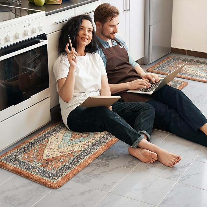 KIMODE Anti Fatigue Kitchen Mats for Floor, Boho Vintage Kitchen Rugs Sets of 2, Cushioned Kitchen Floor Mats Non Slip, Comfort Rugs for Kitchen Floor Sink Laundry Desk Orange 17.3"x29"+17.3"x59"