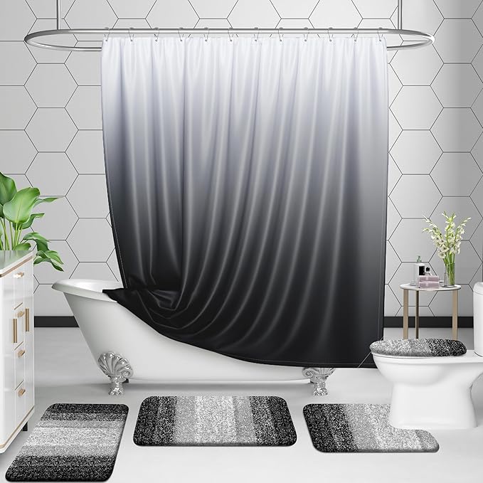 OLANLY Bathroom Rug Set 2 Piece, Soft Absorbent Microfiber Bath Mats and U-Shaped Contour Toilet Rug, Non-Slip, Machine Wash Dry, Plush Shaggy Bath Mats for Bathroom (24"x16"+24"x20", Black)