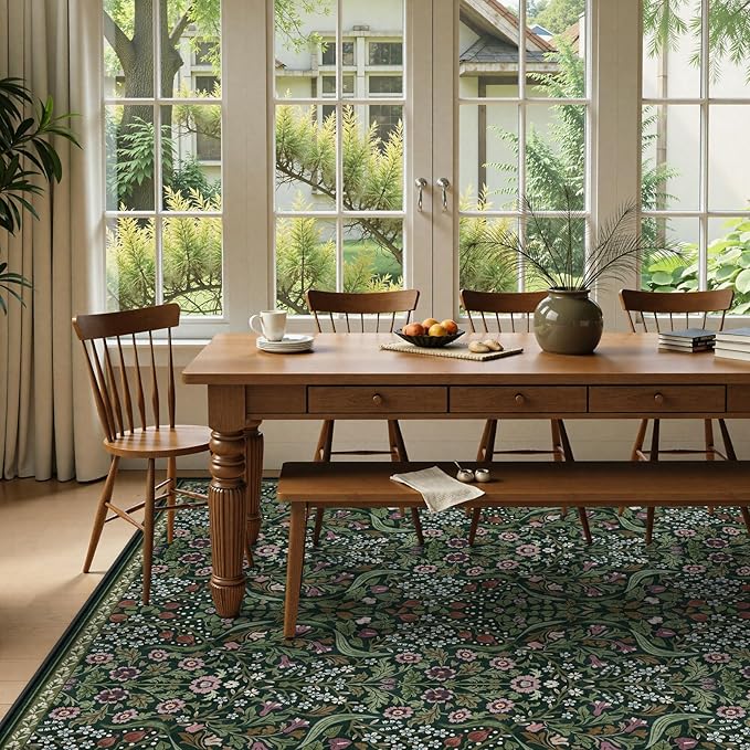 Lahome Floral Area Rugs 9x12 Living Room, Green Soft Bedroom Rugs Non Slip, Thin Dining Room Carpet, Non Shedding Print Carpets for Guestroom