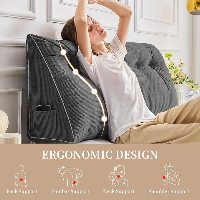 Sasttie Headboard Pillow Full, Wedge Pillow Headboard for Sitting Up in Bed, Back-Rest Support Triangular Cushion for Reading - Features Removable Washable Cover, Dark Grey