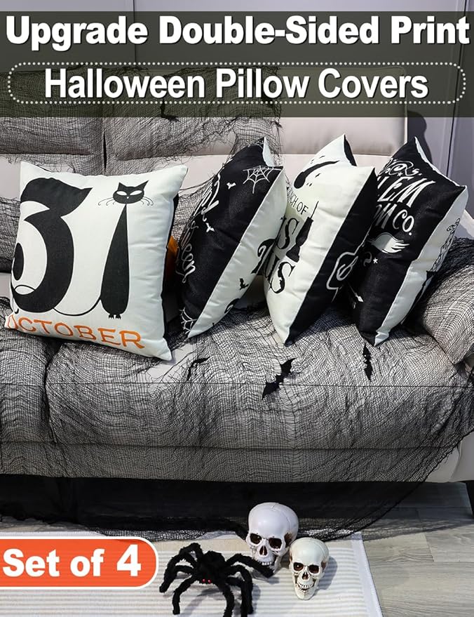 Halloween Decorations Set Of 4 Double-Sided Print Pillow Covers 18" x 18", with 8 Cute Halloween Decor Patterns, Elegant Invisible Zipper, Soft Linen Throw Pillow Covers for Outdoor & Indoor Use