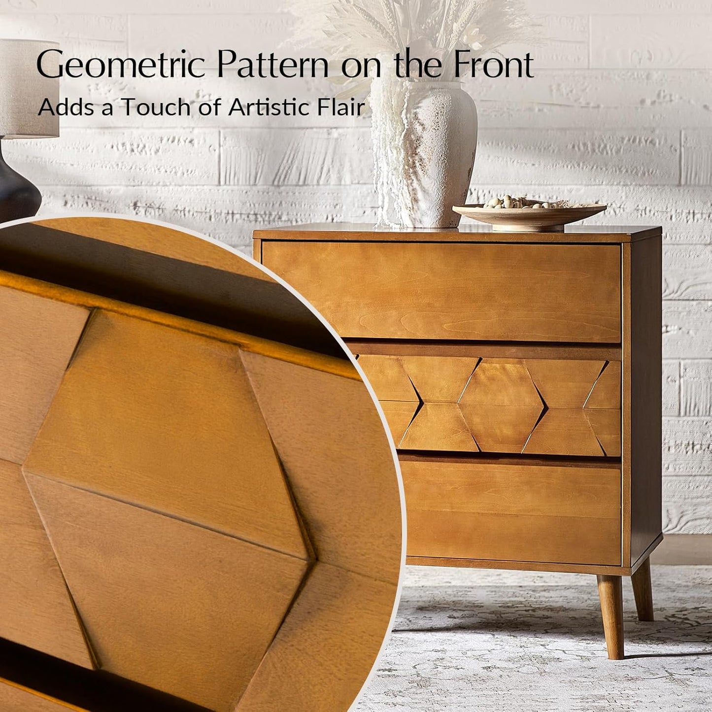 HULALA HOME 30" Wide Nightstands Set of 2, 3 Drawers Mid Century Modern Nightstand, Geometric Pattern Wood Bedside Table with Charging Station for Bedroom, Acorn