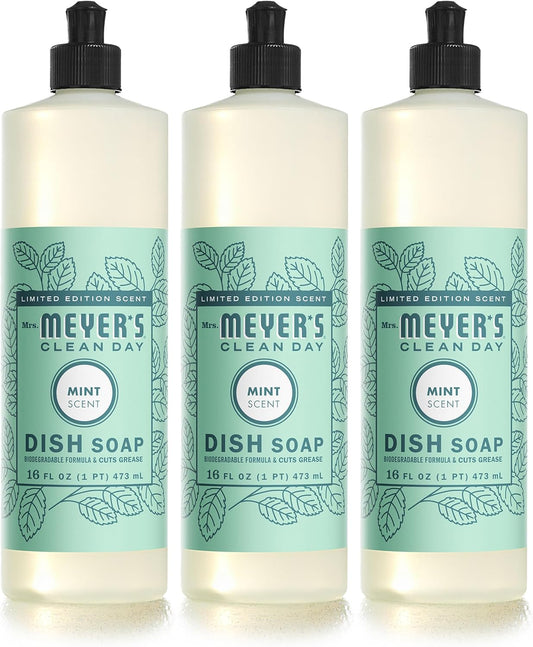 MRS. MEYER'S CLEAN DAY Liquid Dish Soap, Biodegradable Formula, Limited Edition Mint, 16 fl. oz - Pack of 3